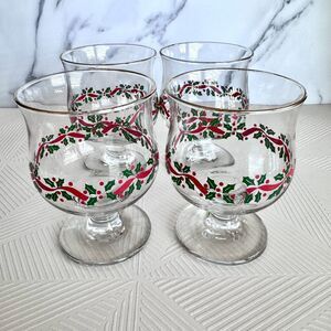 Vintage Libbey Holly Berry Red Ribbon Christmas Dessert Glass Goblet Set of 4